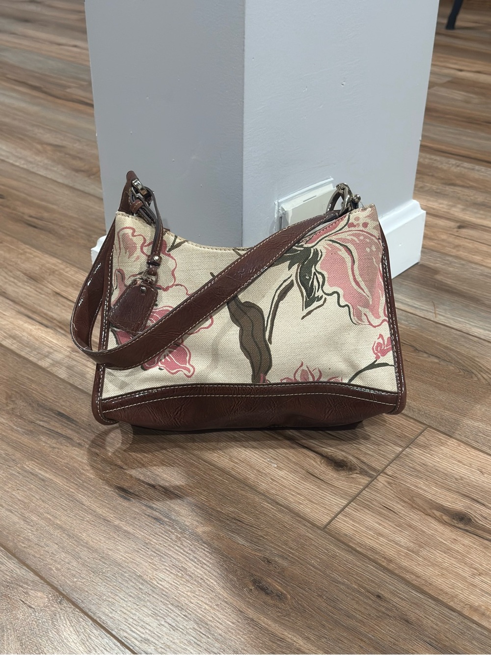 LIZ CLAIBORNE Vintage 90s Cottagecore Pink Floral Cream Canvas Shoulder Bag